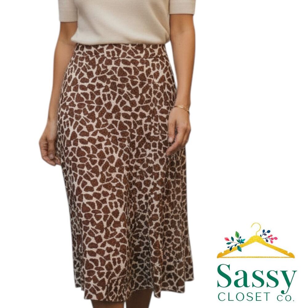 SHEIN Brown White Animal Print Silky Midi Skirt Front Slit Women’s XL US 12 EUC